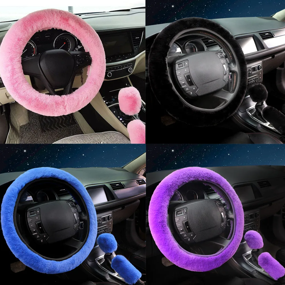 3pcs/Set Warm Faux Wool Steering Wheel Cover 38cm Fur Fluffy Thick Auto Car Steering Wheel Plush Cover Soft Wool Decoration Car