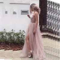 sexy plus size prom dresses 2019 v neck pink high split tulle sweep train evening gown a line special occasion evening gowns