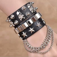 retro metal skull chain leather bracelet gothic steampunk hip hop multilayer rivet tassel mens and womens arm accessories