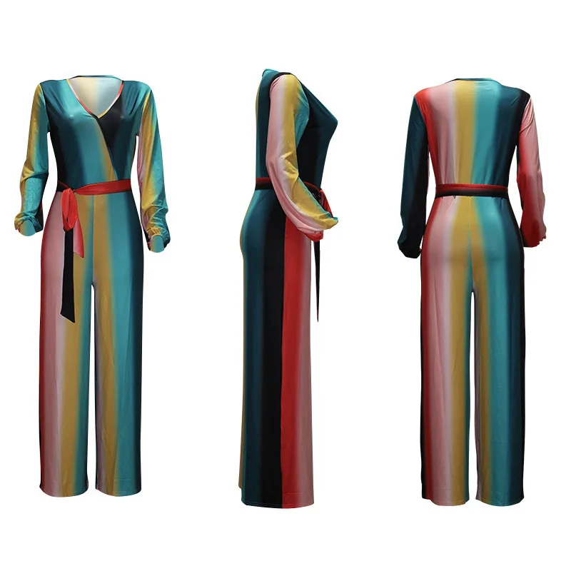 

Women RainbowPrint Jumpsuit Casual Belt Outfits Fashion Sexy Club Party Long Sleeves Workwear Aimee22