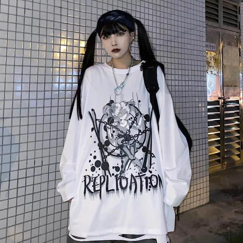 

T-shirt men's and women's autumn Korean version the same Harajuku style women's Retro dark loli versatile long sleeve top