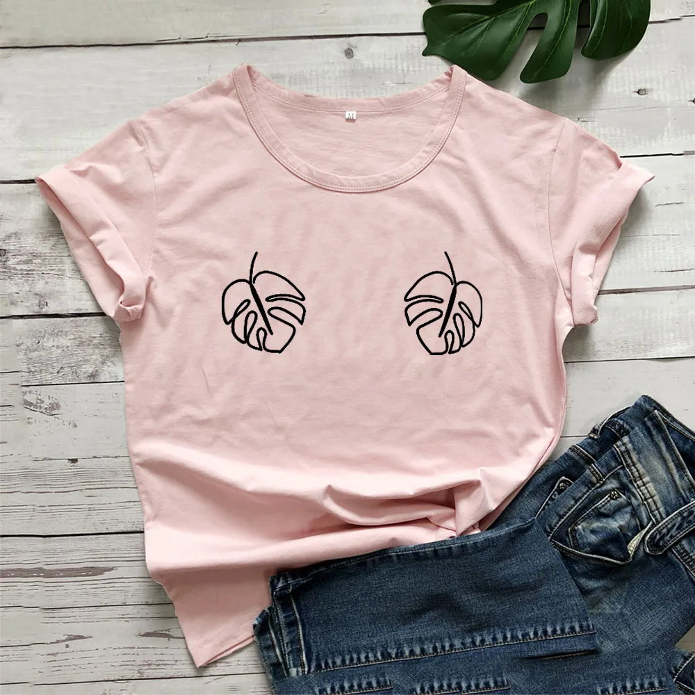 Футболка женская с графическим принтом листьев топ коротким рукавом хлопковая