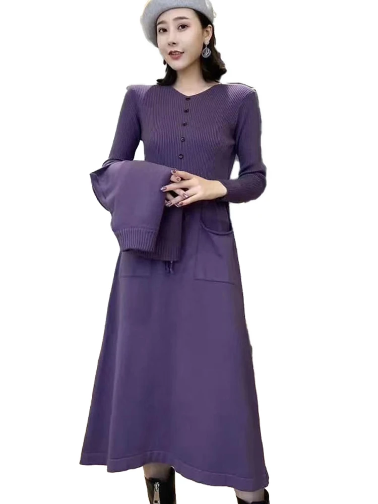 

2020 Autumn Winter New Knee Length Dress Two-piece Knit Suit Long-sleeved Wild Bottoming Round neck Sweater Dress