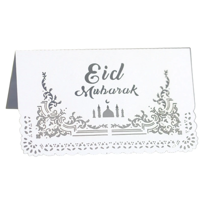 

Q0KF 100pcs Eid Mubarak Decoration Table Card Ramadan Party Hollow Out Seat Placecard