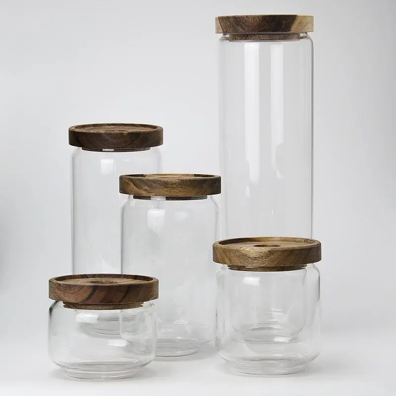 

Vacuum Candy Food Storage Container Storage Tank Transparent Lid Glass Sealed Jar Acacia Wood Lid Glass Storage Tank