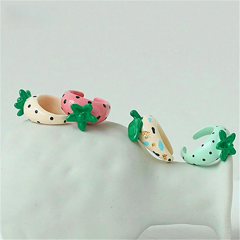 

2021 New Trendy Handmade Colorful Dripping Oil Glaze Strawberry Apple Geometric Metal Opening Ring for Women Girls Party Jewelry