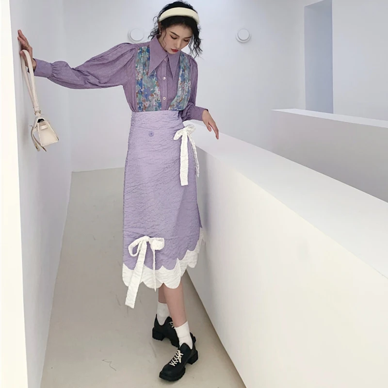 

LANMREM 2021 Spring Bow High Waist Color Matching Bow Petal Skirt High Waist Chic Purple Streetwear Slim Skirt For Women 2A3002