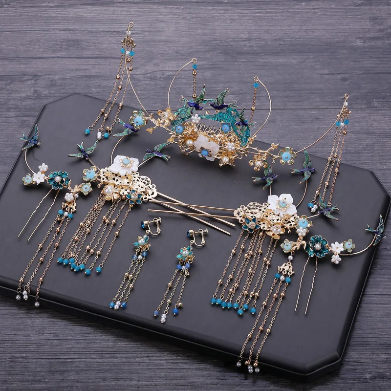 

Chinese Bride Wedding Blue Hair Accessories Costume Headdress Phoenix Crown Tassel Earrings Jewelry Set Jewelry for Women