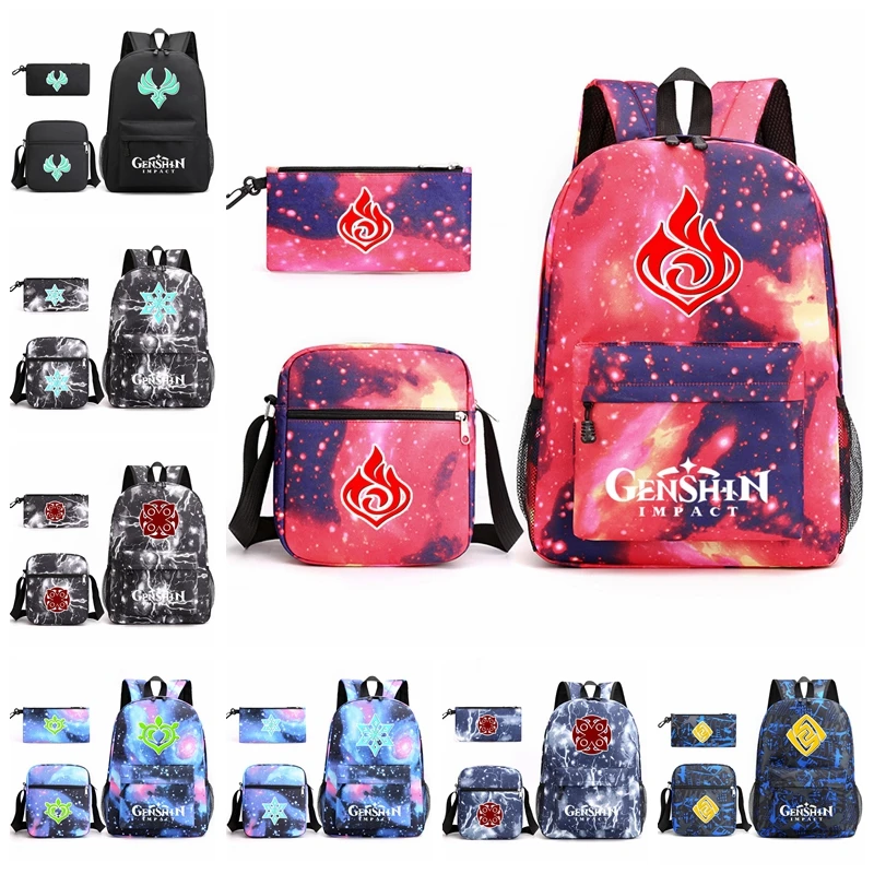 

3Pcs Game Genshin Backpack Cosplay Canvas Children Kids Schoolbag Travel Bag Back To School Bookbag Usb Charging Backpack