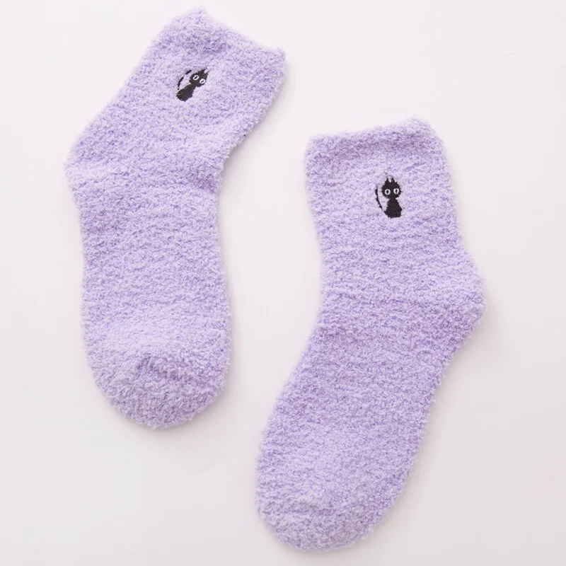 Cat-purple Женские носки с вышивкой, утепленные хлопковые, милые, плюшевые, сохраняющие тепло, женские, забавные, зимние носки, пушистые, kawaii, 1 пара - Цвет: Cat-purple