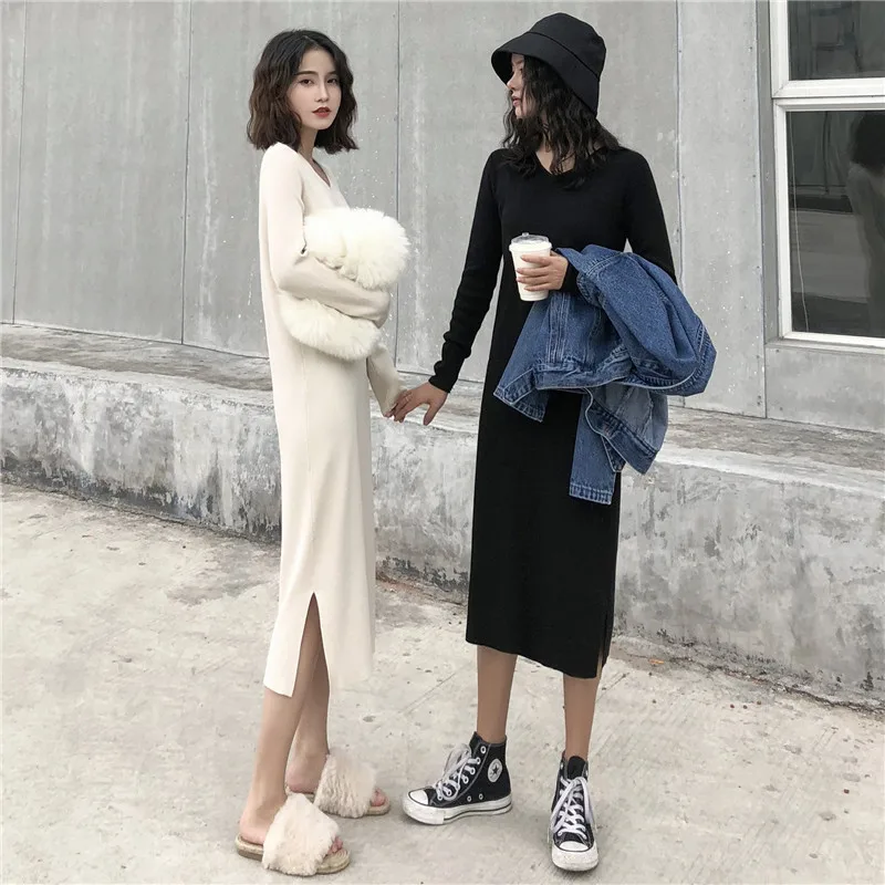 Негабаритный корейский вязаный длинный v-образный Вырез Свободный Боковой