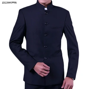 Пиджак мужской с воротником-стойкой, темно-синий пиджак в традиционном китайском стиле, однобортный пиджак-туника, униформа