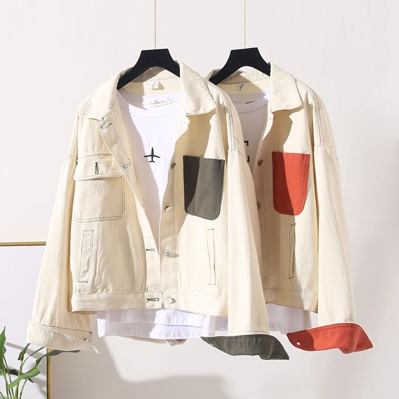 Женская ВИНТАЖНАЯ ДЖИНСОВАЯ КУРТКА свободного покроя с отворотом однобортная