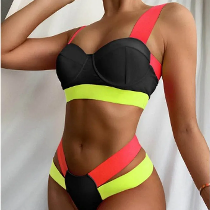 

Colorful Patchwork bandage Bikini Set Women High Waist Summer Push Up Biquini Beachwear Bathing Suits 2 Piece set Swimsuits