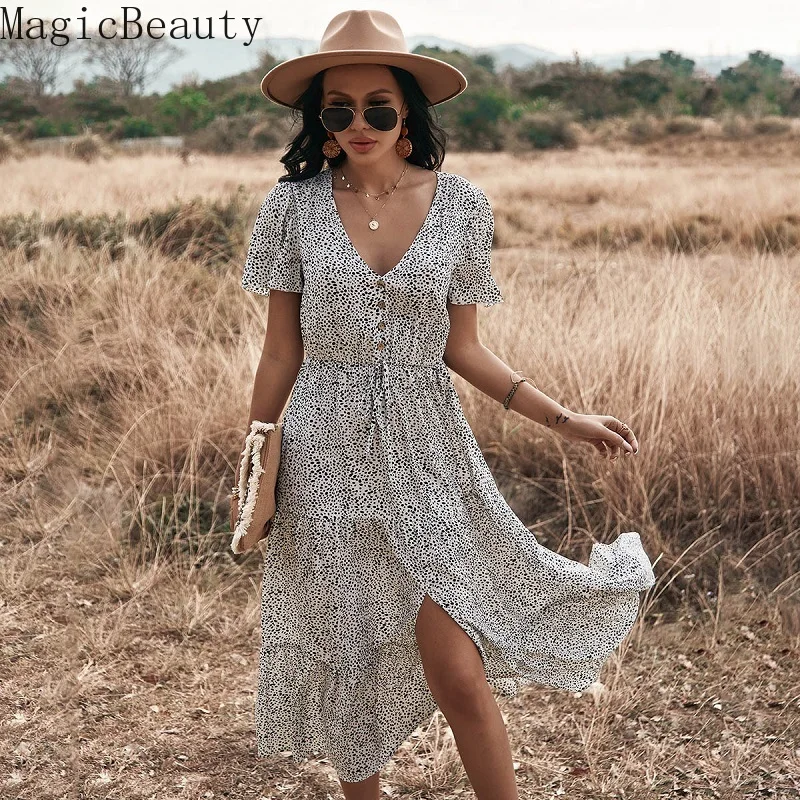 Женское платье с V-образным вырезом и коротким рукавом Летнее Длинное Платье