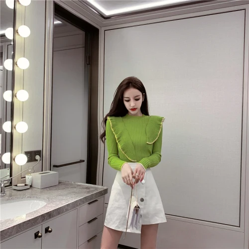 Женский трикотажный пуловер с оборками повседневный облегающий свитер длинным