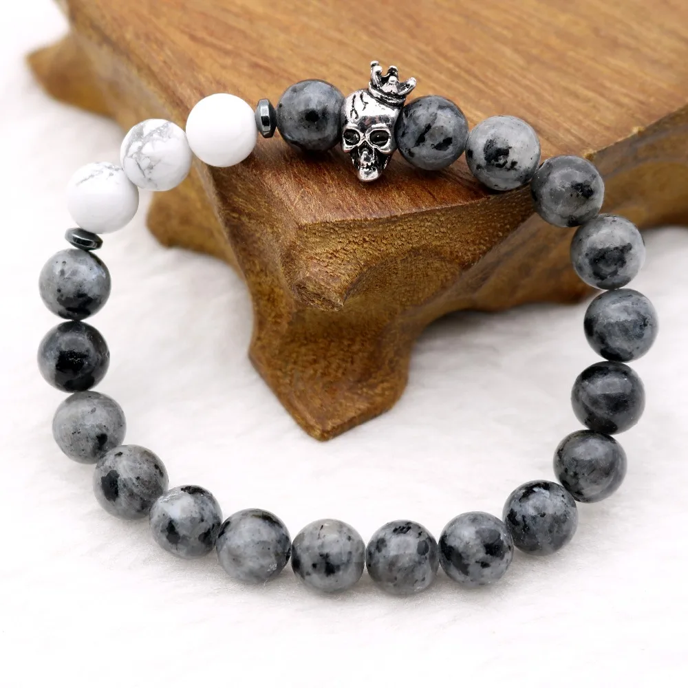 Череп бык голова смерти животных браслеты стрейч Howlite Луна камни 8 мм бисером Strand браслеты