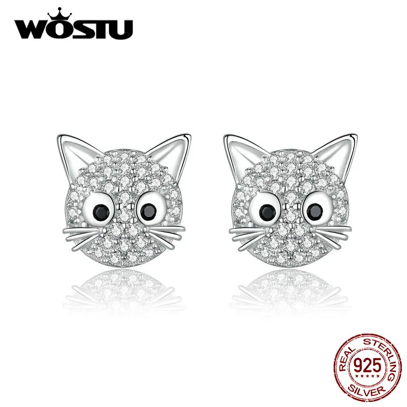 WOSTU, серьги-гвоздики с кошечкой Китти, 925 пробы, серебро, для женщин, циркон, животные, маленькие серьги, подлинные свадебные украшения, FIE751