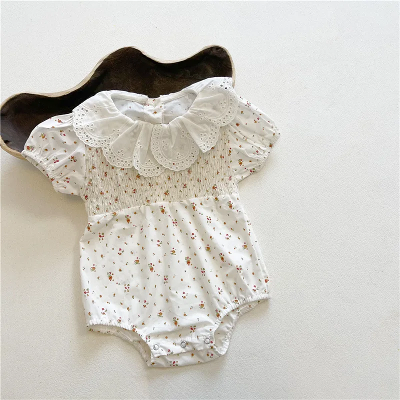 

Summer flower short sleeve thin lace lapel baby romper newborn girl clothes