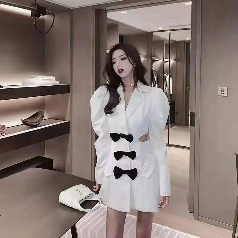 

Elegant Notched Collar Dresses For Women 2021 Korean Bowknot Sexy Hollow-Out Autumn Puff Sleeve Vestidos