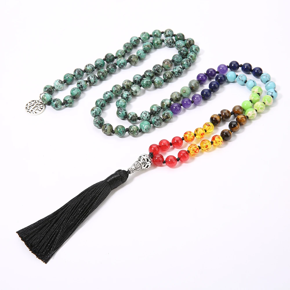 

108 Mala Bead Hand Knotted Necklace Natural Stone Rosary Meditation Yoga Prayer Jewelry 7 Chakra Japamala Tree of Life Pendant