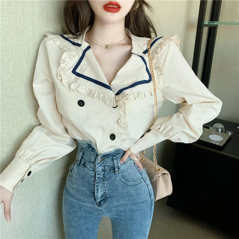 

HziriP French Style All Match 2021 Sailor-Collar Ruffles New Sweet High Quality Women Casual Cotton Loose Chic Fresh Shirts