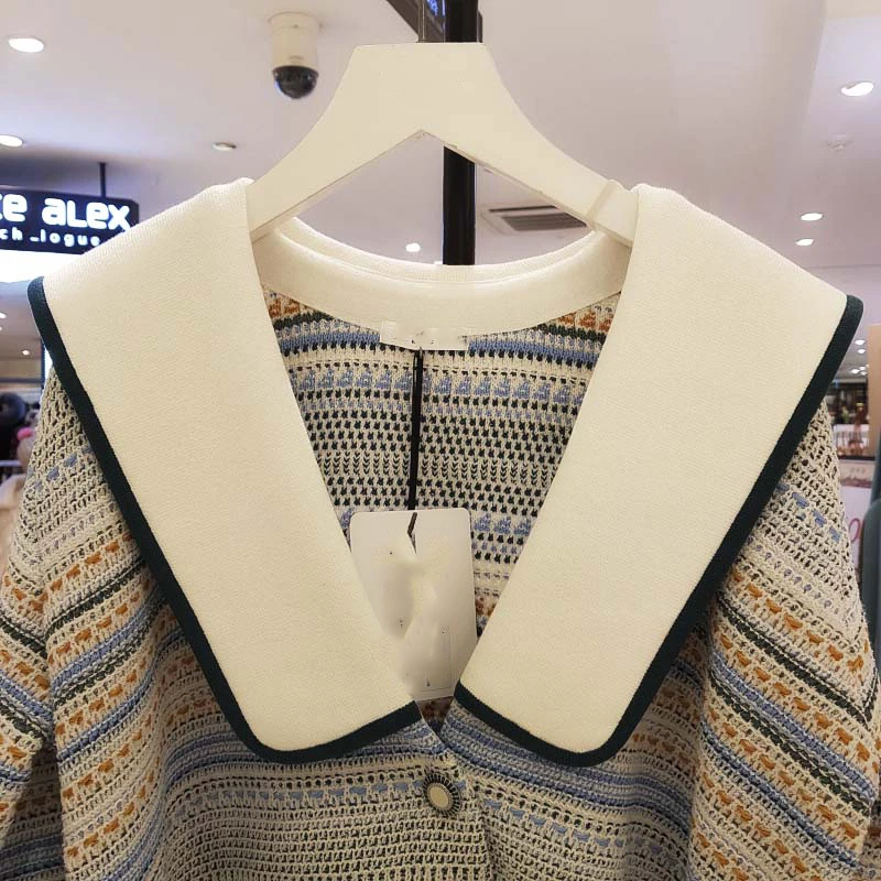 

Yocalor Chic Peter Pan Collar Exquisite Button Sweaters Contrast Color Patchwork Loose Coat Autumn New Knitted Cardigan Women
