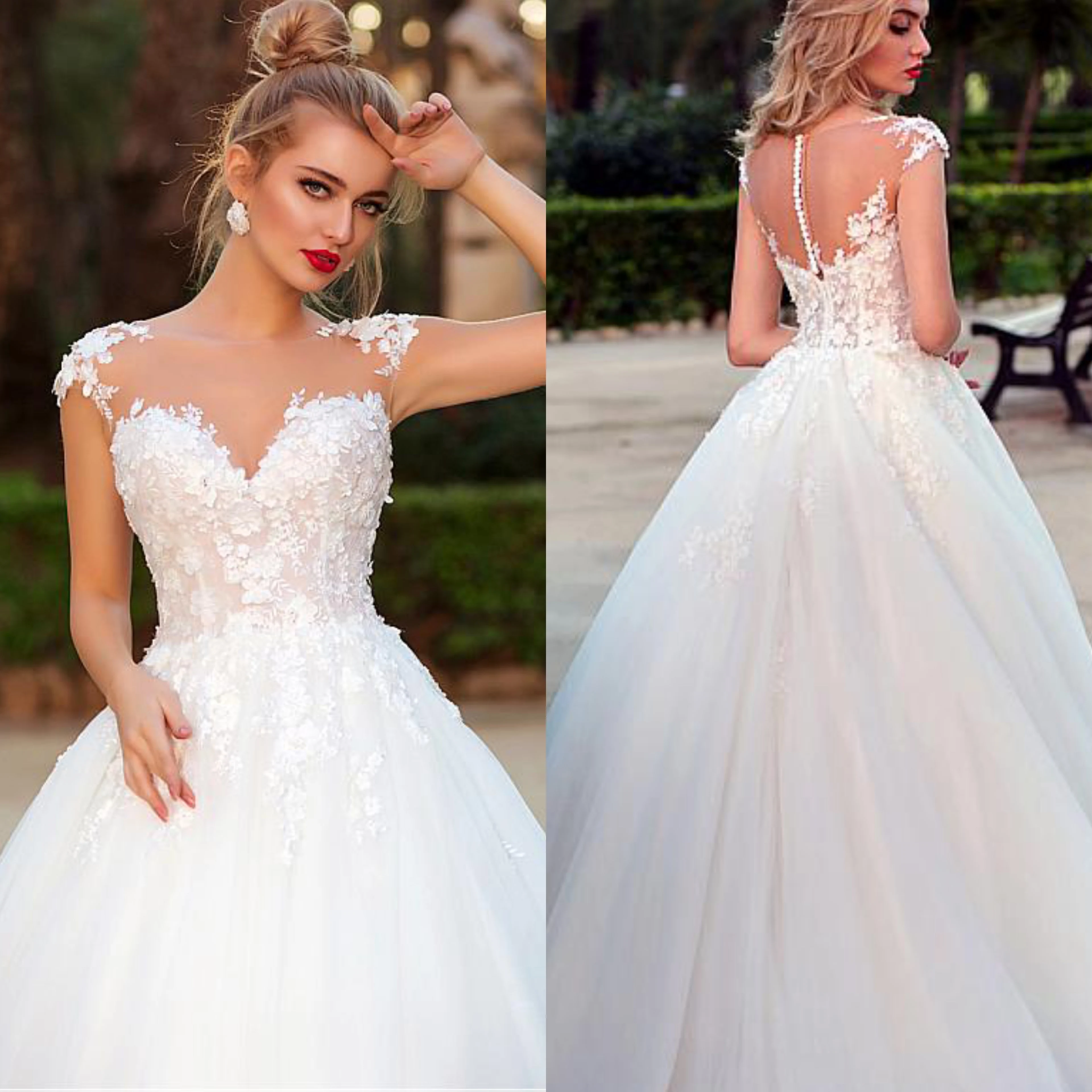 

Sweetheart Simple Wedding Dress Lace Appliques Button Tulles Bridal Gowns Cap Sleeve Sweep Train Custom Made Princess Dresses
