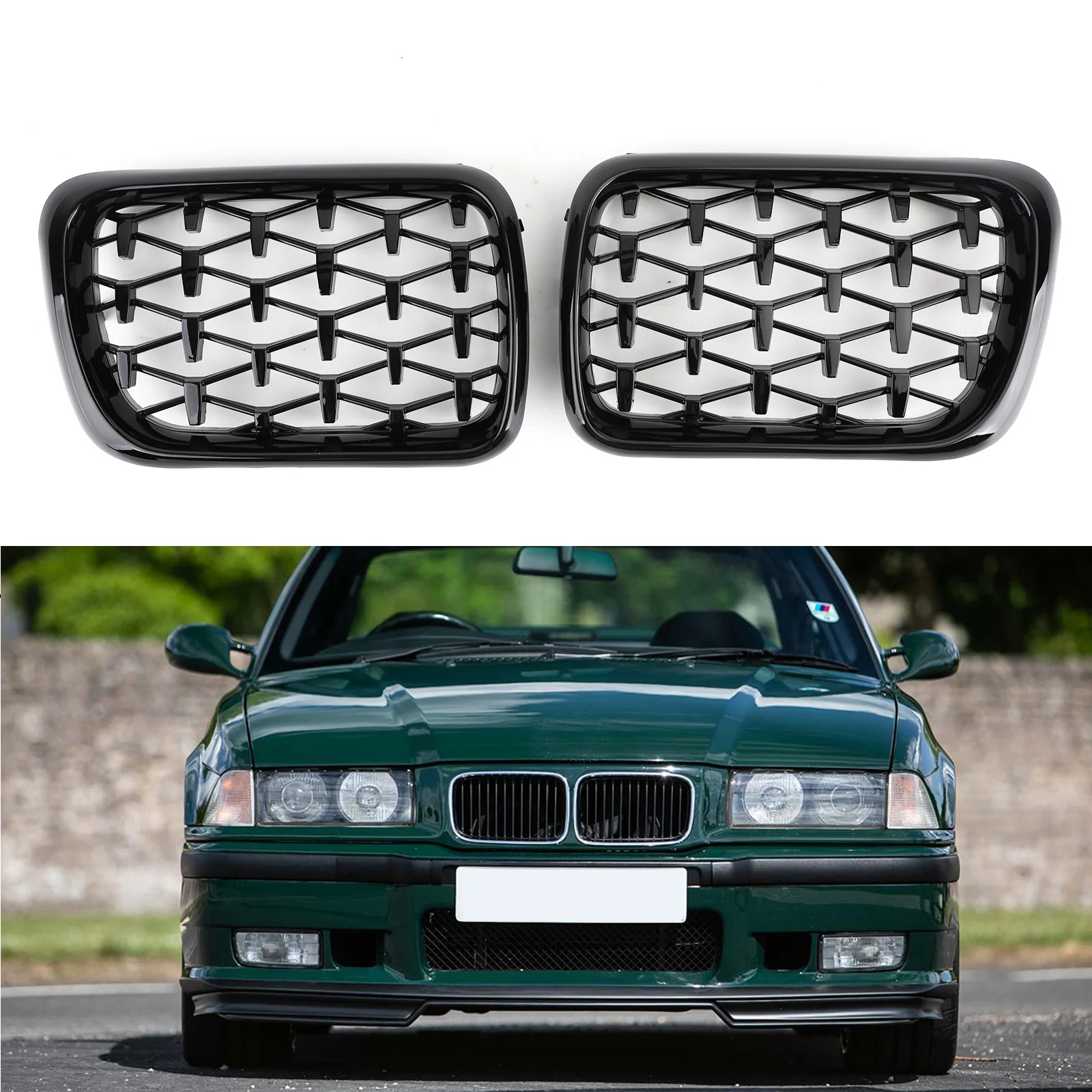 

Areyourshop Meteor Black Front Kidney Grill Mesh Grille Fit For BMW E36 3 Series 1997 1998 1999 51138122237 51138122238 Car