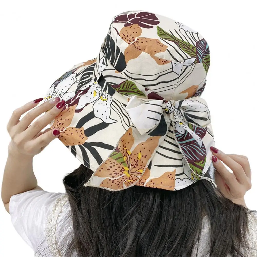 

Casual Fisherman Hat Flower Printing Anti-UV Bow Superlarge Brim Foldable Bucket Hat Sun Cap Fashion Accessories for Outdoor