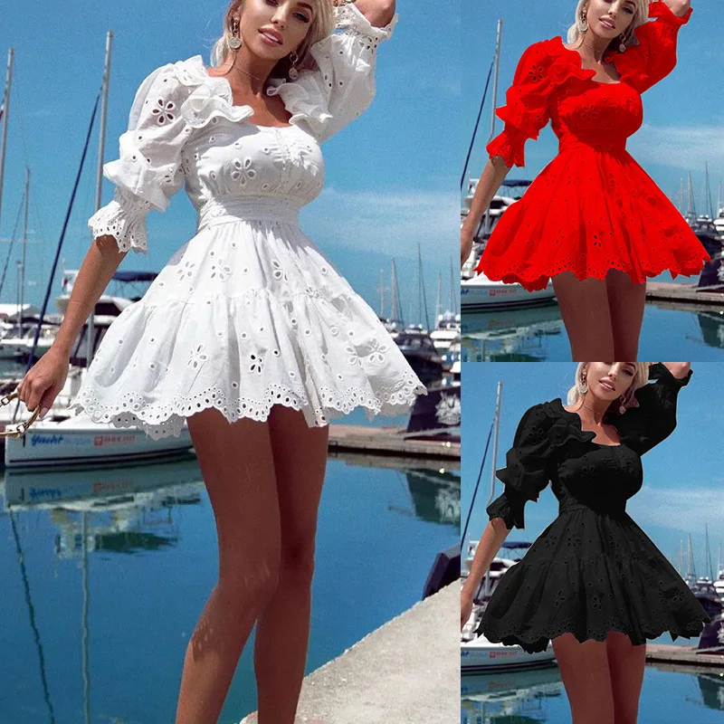 

Spring Autumn Women's Bohemian Fashion Hollow Out Short Dress Sexy Square Collar Half Sleeve Ruffles Dresses Lady A-line Vestido