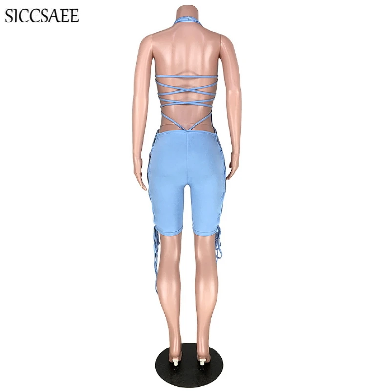 

2020 Summer Style Halter Jumpsuits Shorts Ribbons Lace Up Bodycon Bandage Playsuits Backless Tube Solid Color Bodysuit Sexy Fit