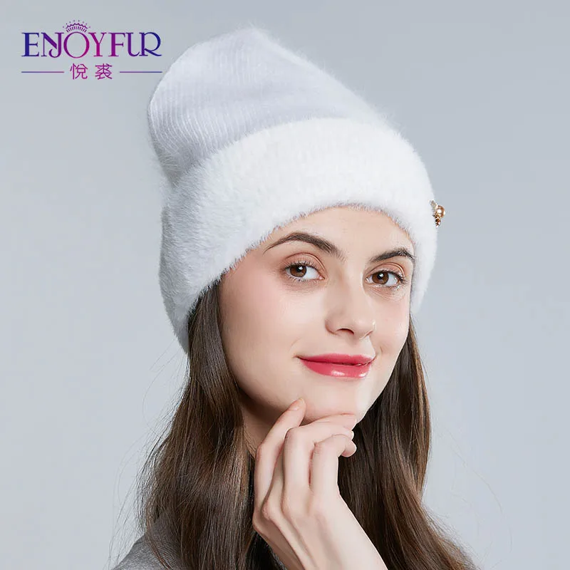 ENJOYFUR мех кролика, шерстяные шапки для зимы женские шапки с высококачественные Стразы толстые теплые осенние зимние шапки бини