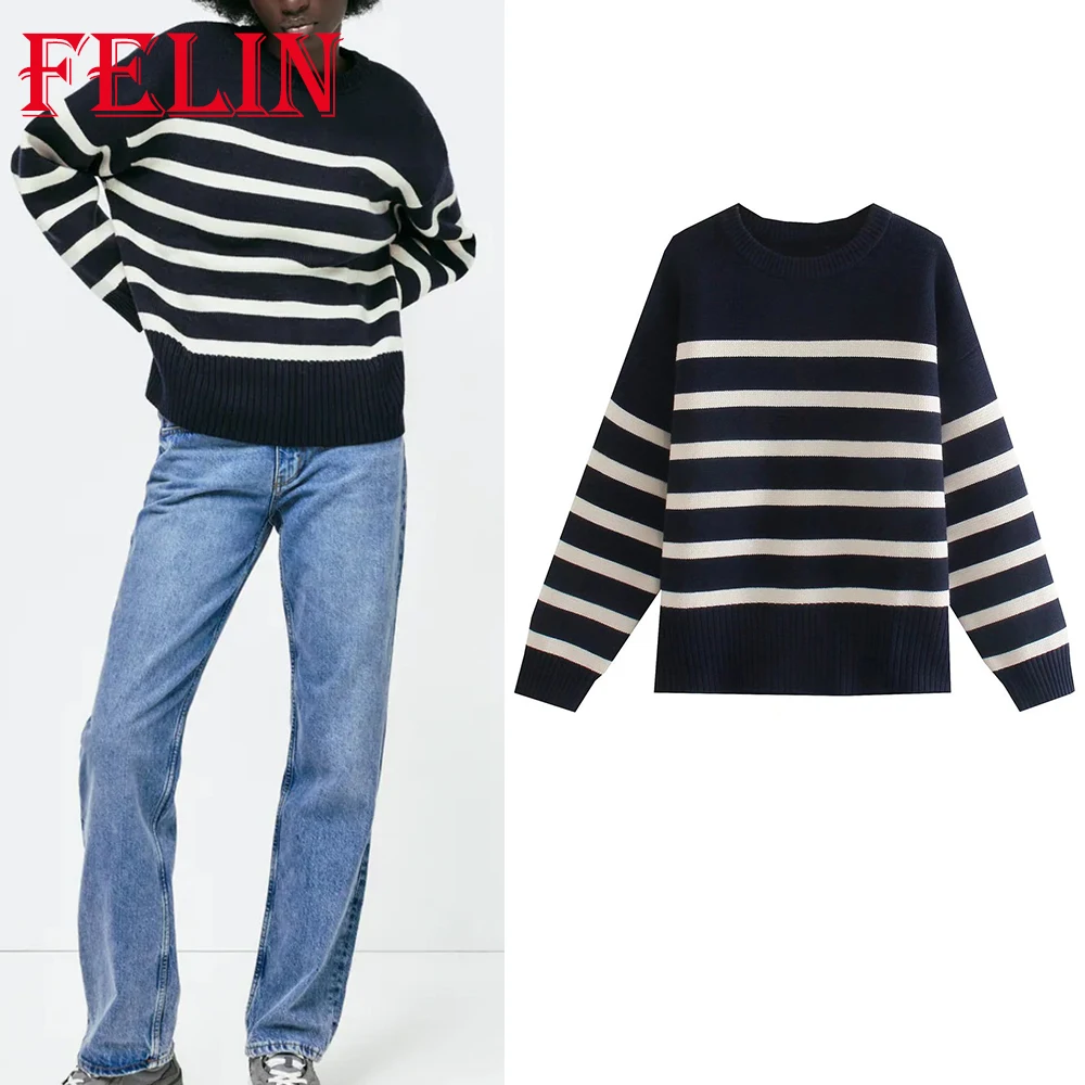 

KONDALA Za 2021 винтажные полосатые вязаные свитера с принтом, женские толстые зимние пуловеры с длинным рукавом и круглым вырезом, женский элеган...