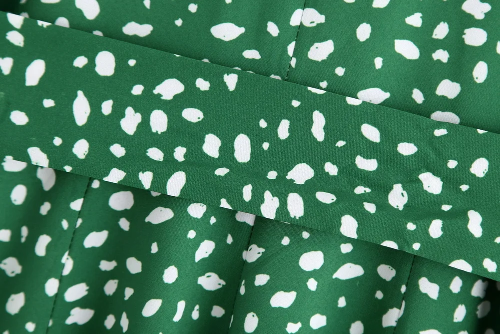 Trendy ZA Green White Dot Print Long Dress Women Boho Turn-Down Collor Belt Split Hem Design Charm Elegant Autumn Style Dress