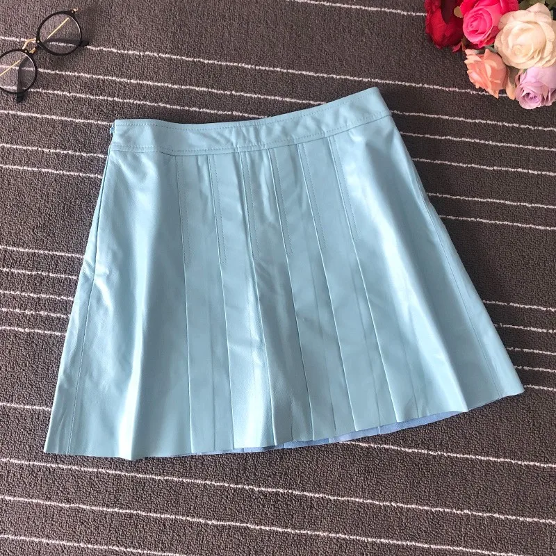 

2021 New Women Colors Sexy Mini Pleated Skirt A Line Casual Ladies Slim Fit High Quality Sheepskin Genuine Leather Short Skirts