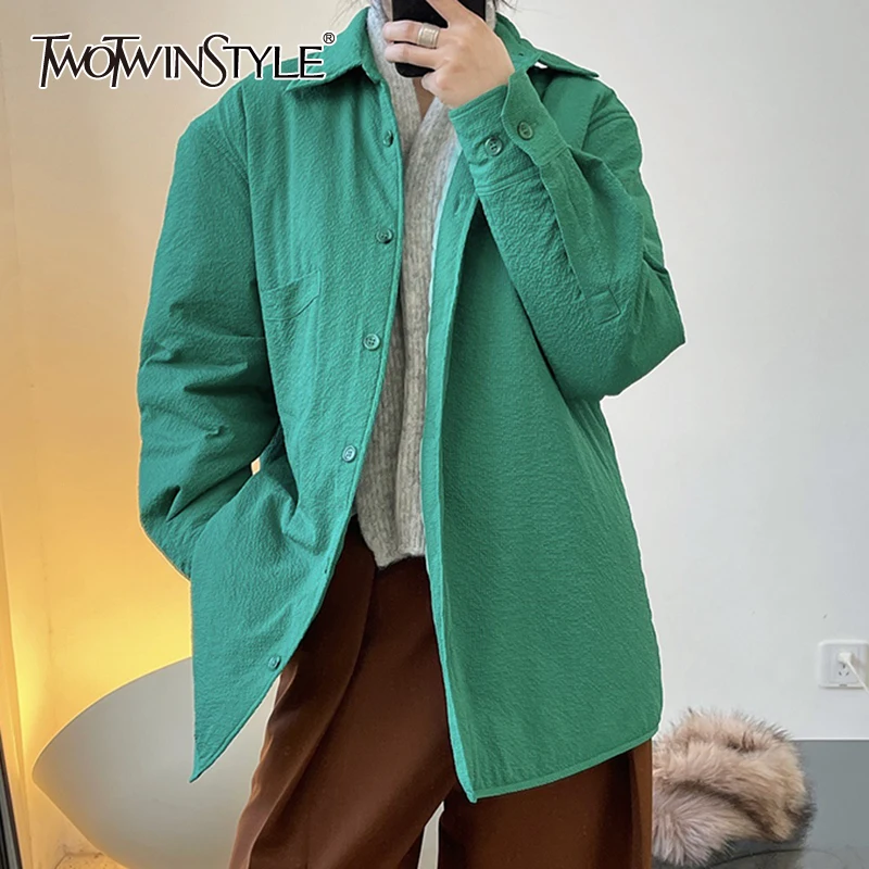 

TWOTWINSTYLE Solid Color Down Coats For Female Lapel Collar Long Sleeve High Waist Loose Women's Casual Winter Jacket New