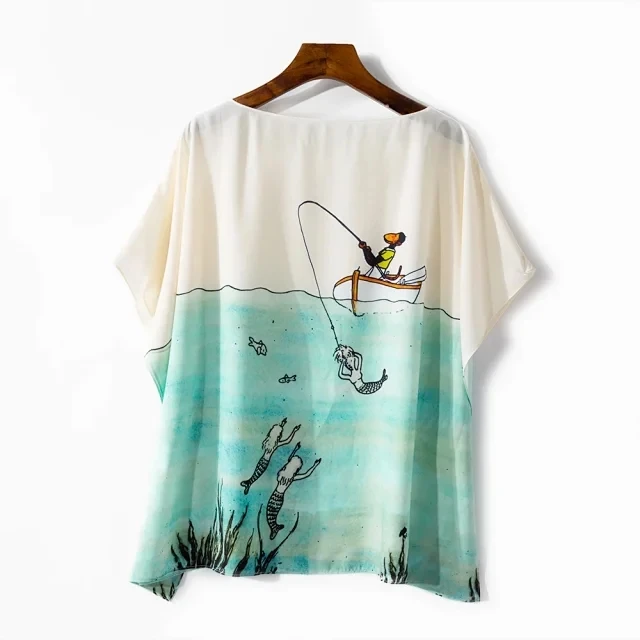 

Cartoon Print Blouse Women Batwing Sleeve O-neck Loose Fresh Shirt Summer 2021