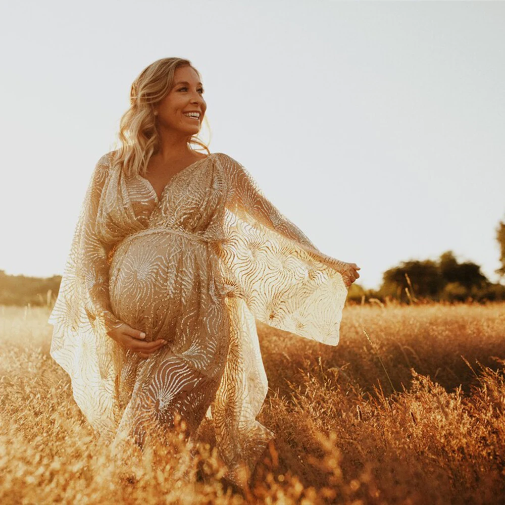 Реквизит для фотосъемки при беременности платье макси свадебное Золотое