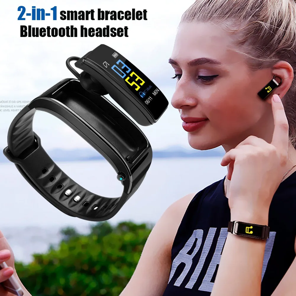 2 в 1 Смарт браслет с Bluetooth наушники вкладыши монитор сердца водонепроницаемые