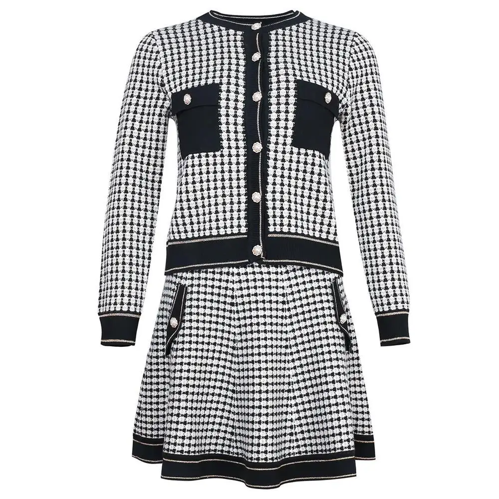 

Autumn And Winter 2021 Vintage Feme Skirt Suits Plaid Knitted Cardigan Jacket + High Waist A-line Skirt Two Piece Set For Women