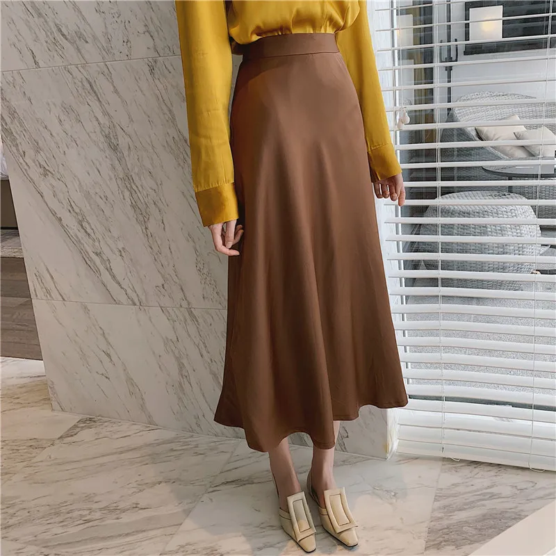Осень 2021 длинные юбки с высокой талией для женщин однотонные атласные
