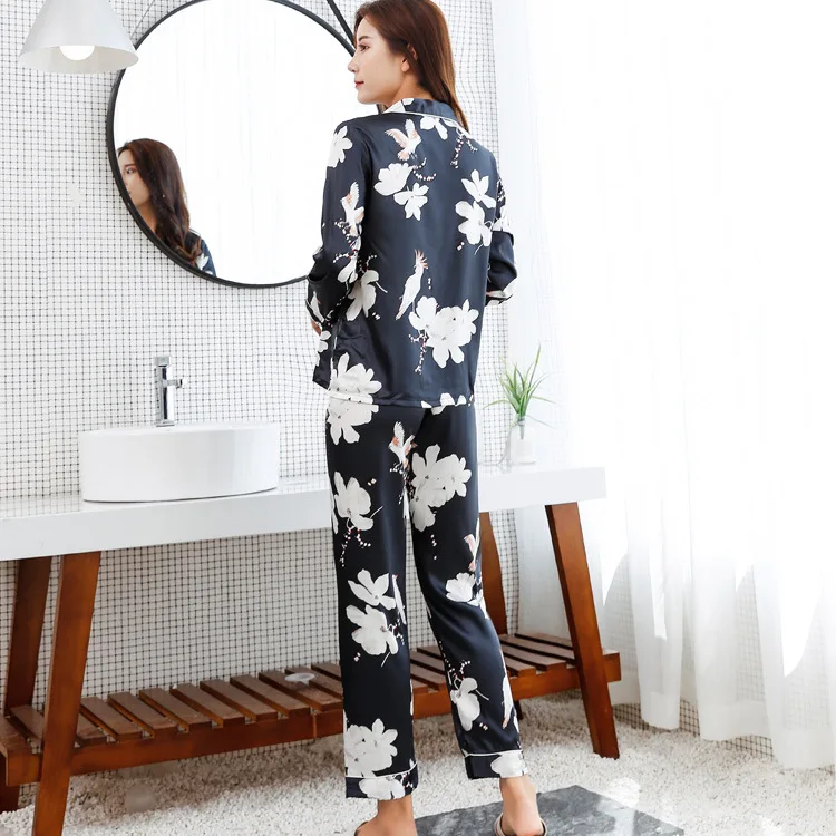 Пижама на осень и зиму атласная пижама шелковые пижамы с длинным рукавом