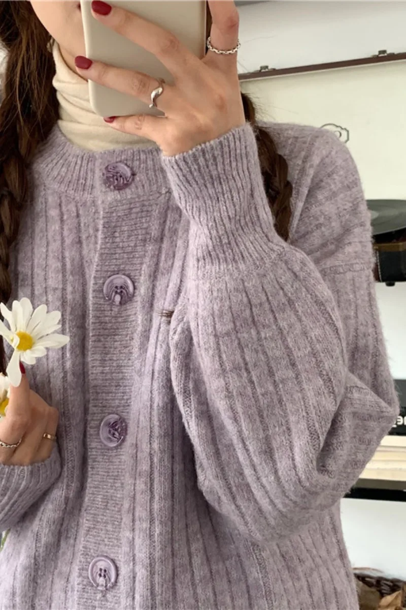 

Taro Purple Knit Sweater Women 2021 New Spring Autumn Single-breasted Short Knitted Cardigans Long Sleeve Straight Coat Students