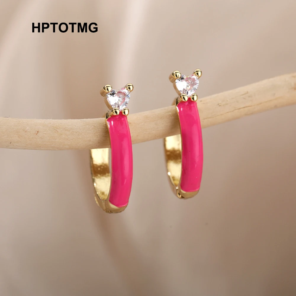 

Gold Love Heart Zircon Hoop Earrings 2021 Trend Vintage Dripping Oil Piercing Earrings for Women Jewelry Birthday New Year Gifts