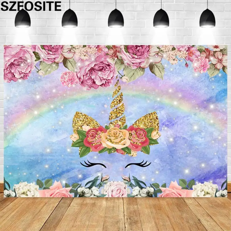 

Beautiful Flowers Rainbow Golden Horn Unicorn Party Backdrop Girl Birthday Decoration Photography Background Studio Photo Props