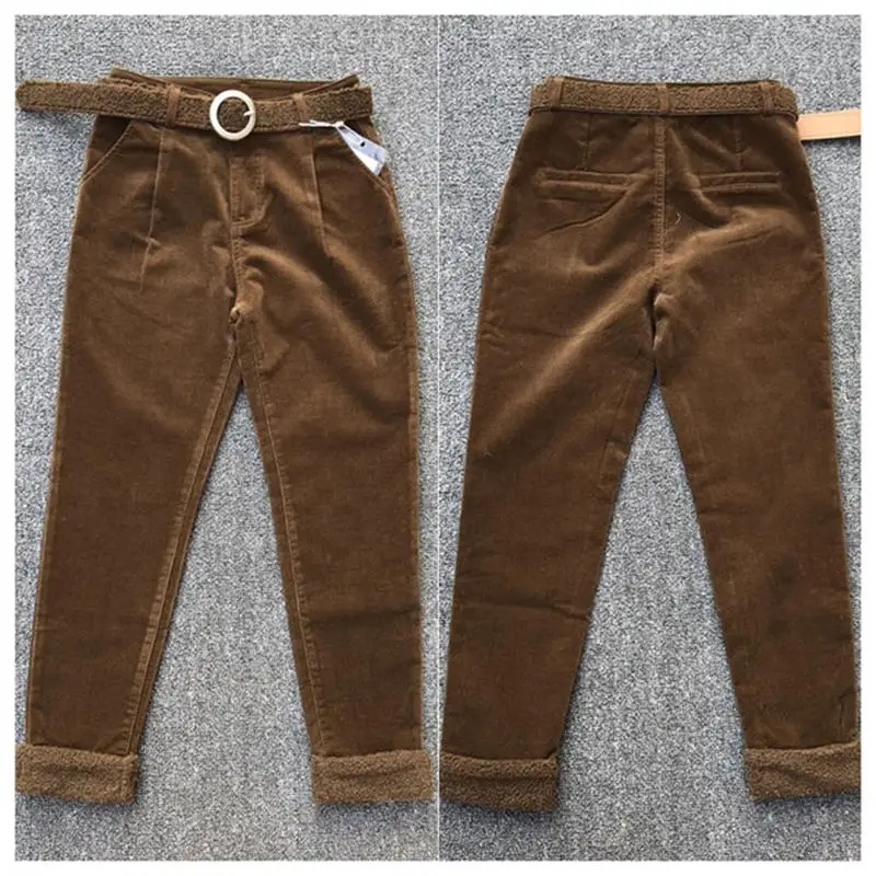 Brown Pants Осенне-зимние вельветовые брюки из овечьей шерсти женские теплые плотные повседневные штаны-шаровары свободные вельветовые брюки с высокой талией женские брюки Q1877 - Цвет: Brown Pants
