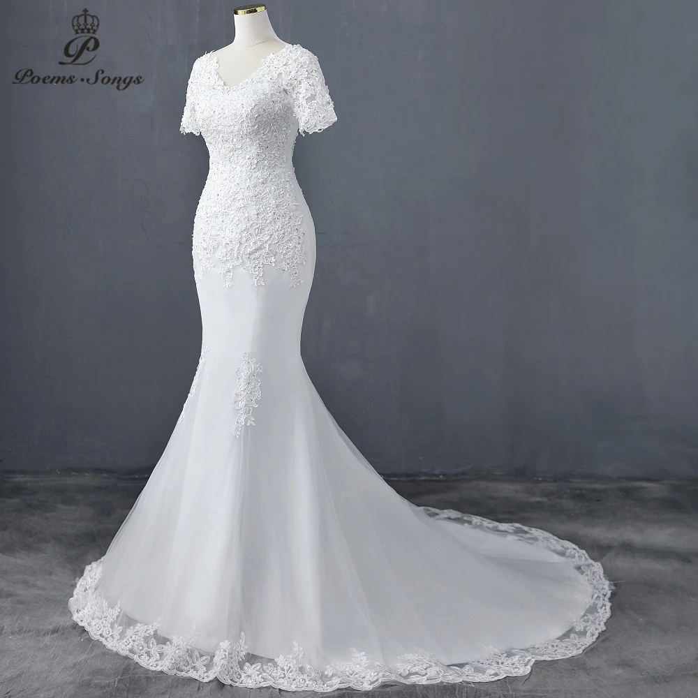 Женское свадебное платье-русалка с аппликацией и коротким рукавом | Свадьбы
