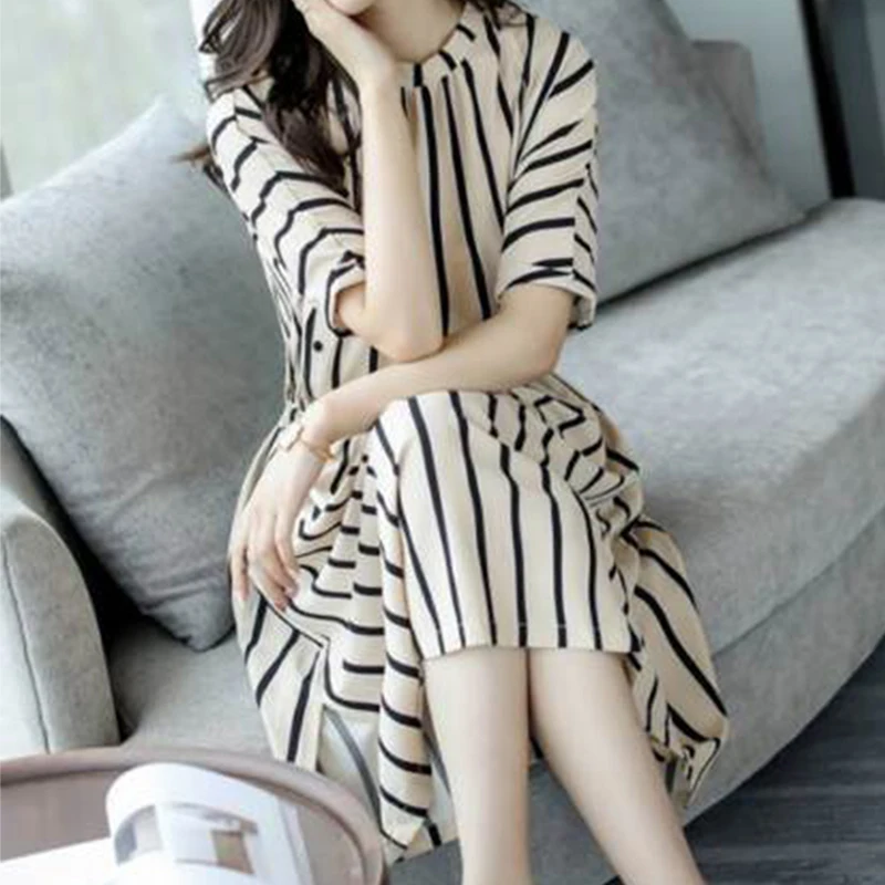 

Plus Size Summer Dress Retro Short Sleeve Top Striped Women Dress O-Neck Beach Boho Casual Dress Vestido De Festa