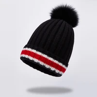 hat women winter knit beanie autumn wool fox fur pompom warm skiing accessory outdoor cap for teenagers girl luxury